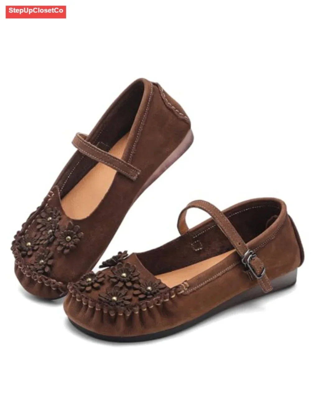 Mary Jane Flats Matte Cowhide Leather Buckle Comfortable Non-Slip Dress Casual